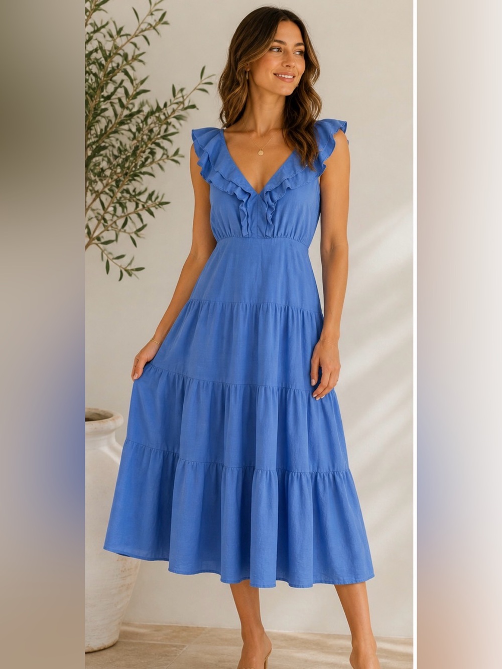 Heartloom Blue Tiered Midi Dress Ruffle V Neck Sleeveless Tie Back Lined SzM